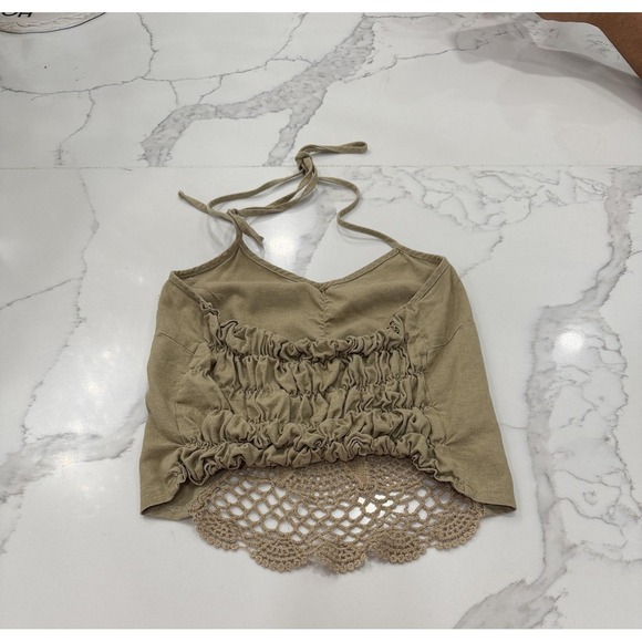 Halter Tank Top Womens Small Beige Crochet Lace Linen Blend Cropped Boho - Picture 8 of 9